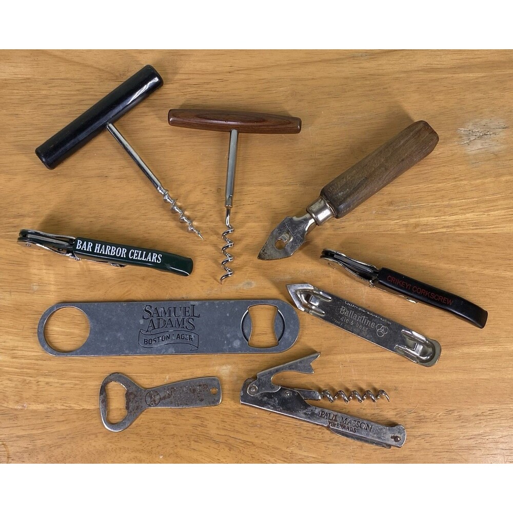 Lot of 9 VTG Beer Bottle Can Openers Wine Corkscrews - Various Brands Breweriana